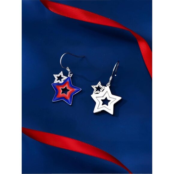 925 Sterling American Flag Independence Day Dangle Earring for Women - Picture 3 of 6